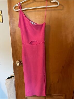 Petal and Pup, one strap bright print fitted midi dress with keyhole and slit